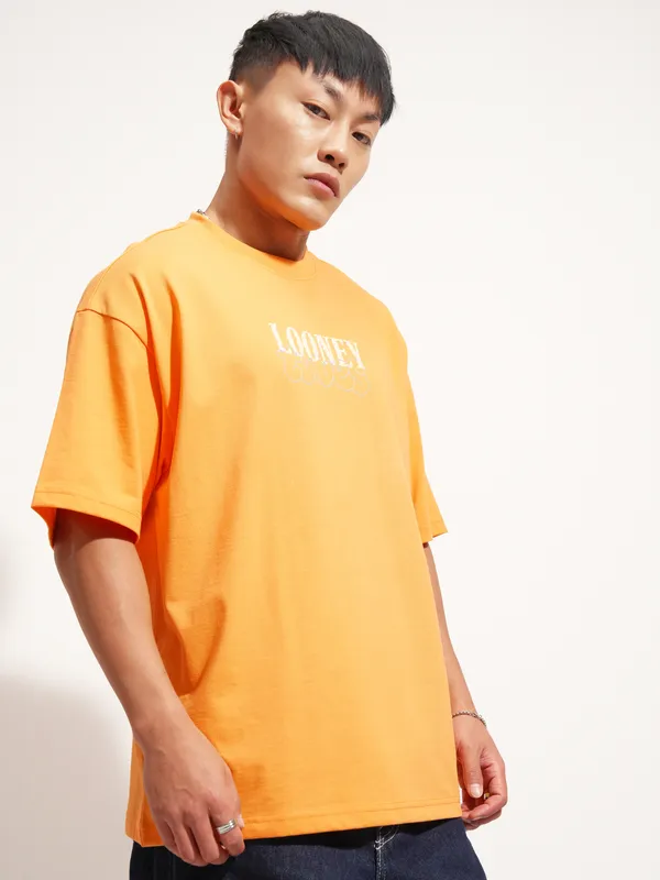 WB By Highlander Men Orange Looney Tunes Printed Round Neck Oversized Fit T-Shirt