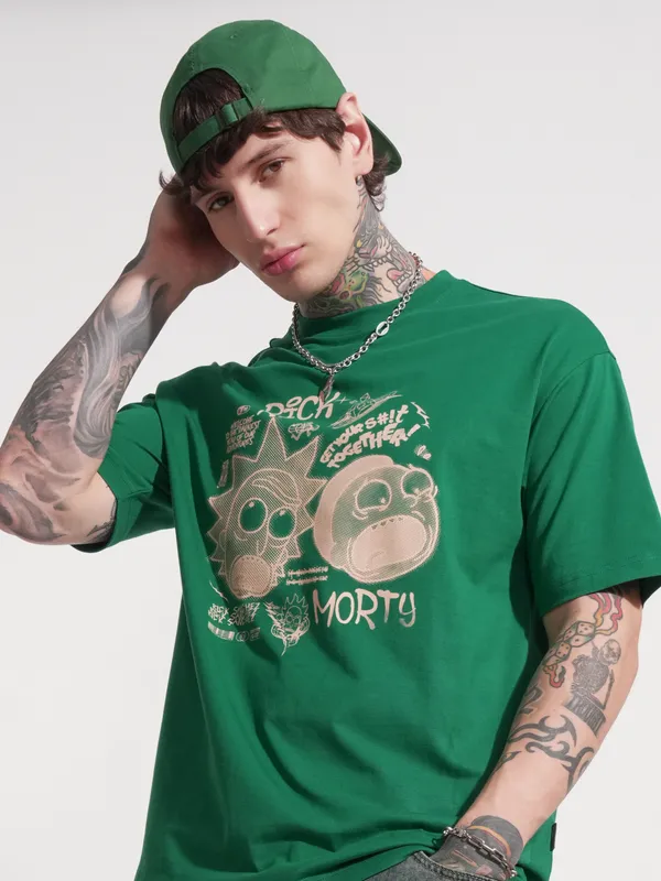 WB By Highlander Men Green Rick and Morty Printed Round Neck T-Shirt