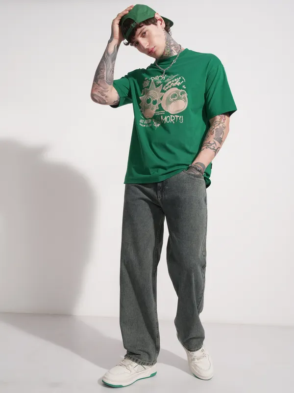 WB By Highlander Men Green Rick and Morty Printed Round Neck T-Shirt