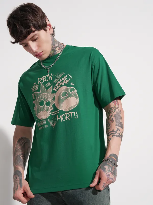 WB By Highlander Men Green Rick and Morty Printed Round Neck T-Shirt