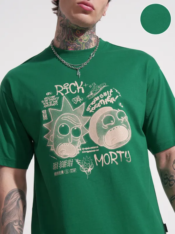 WB By Highlander Men Green Rick and Morty Printed Round Neck T-Shirt