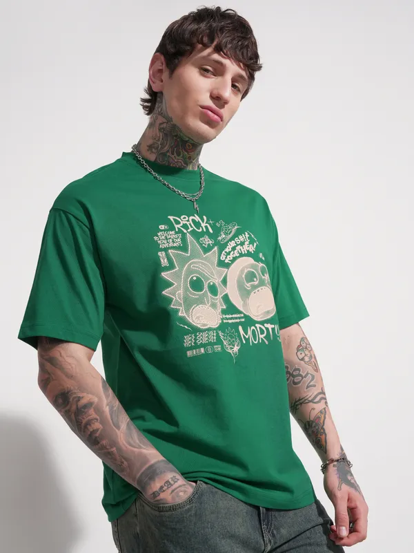 WB By Highlander Men Green Rick and Morty Printed Round Neck T-Shirt