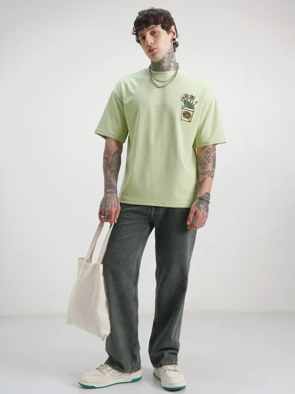 WB By Highlander Men Green Friends Printed Round Neck Oversized Fit T-Shirt