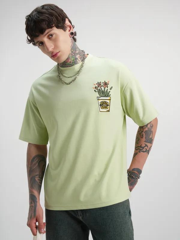 WB By Highlander Men Green Friends Printed Round Neck Oversized Fit T-Shirt