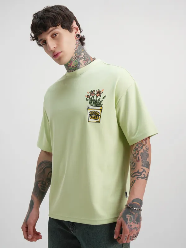 WB By Highlander Men Green Friends Printed Round Neck Oversized Fit T-Shirt