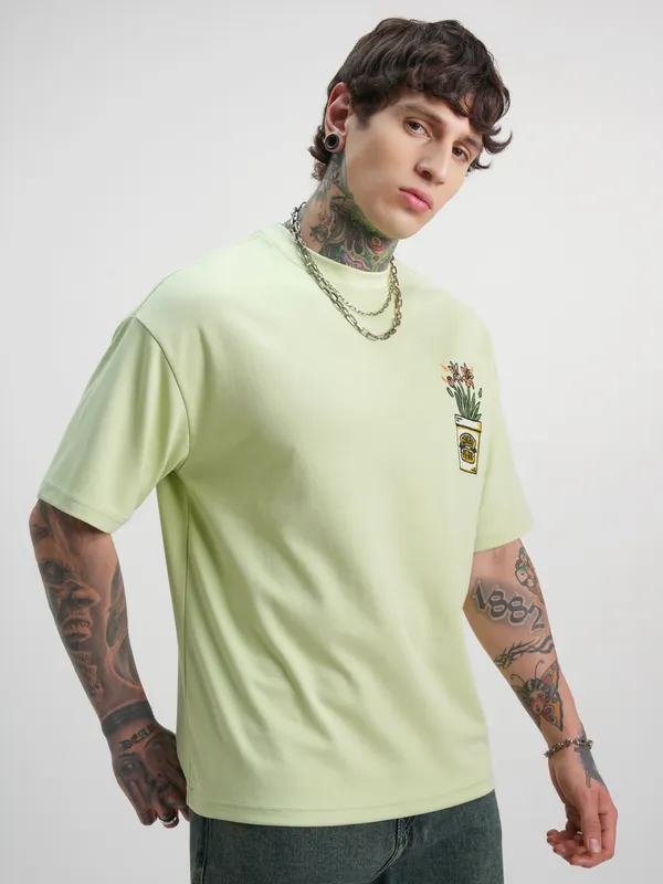 WB By Highlander Men Green Friends Printed Round Neck Oversized Fit T-Shirt