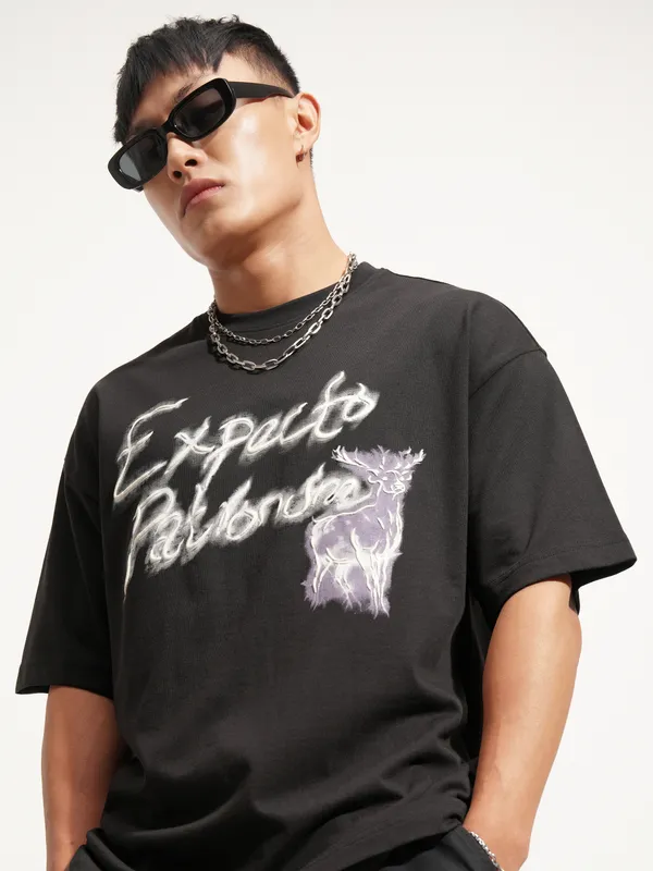 WB By Highlander Men Black Harry Potter Printed Round Neck Oversized Fit T-Shirt