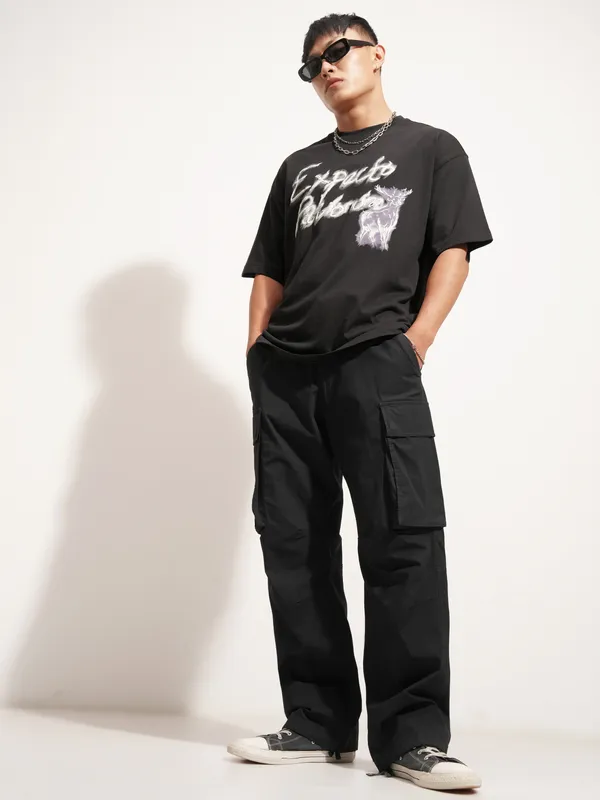 WB By Highlander Men Black Harry Potter Printed Round Neck Oversized Fit T-Shirt