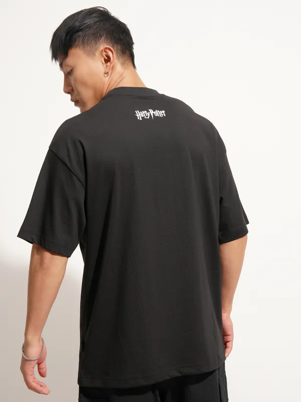 WB By Highlander Men Black Harry Potter Printed Round Neck Oversized Fit T-Shirt