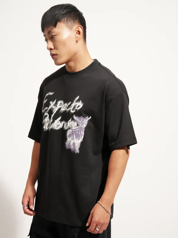 WB By Highlander Men Black Harry Potter Printed Round Neck Oversized Fit T-Shirt