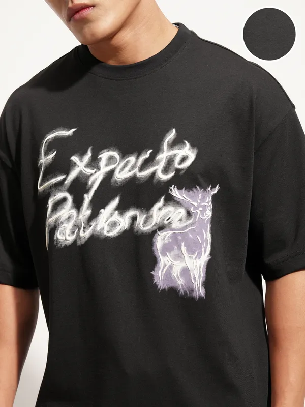 WB By Highlander Men Black Harry Potter Printed Round Neck Oversized Fit T-Shirt