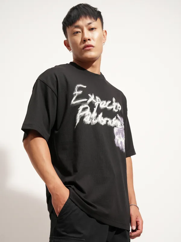 WB By Highlander Men Black Harry Potter Printed Round Neck Oversized Fit T-Shirt