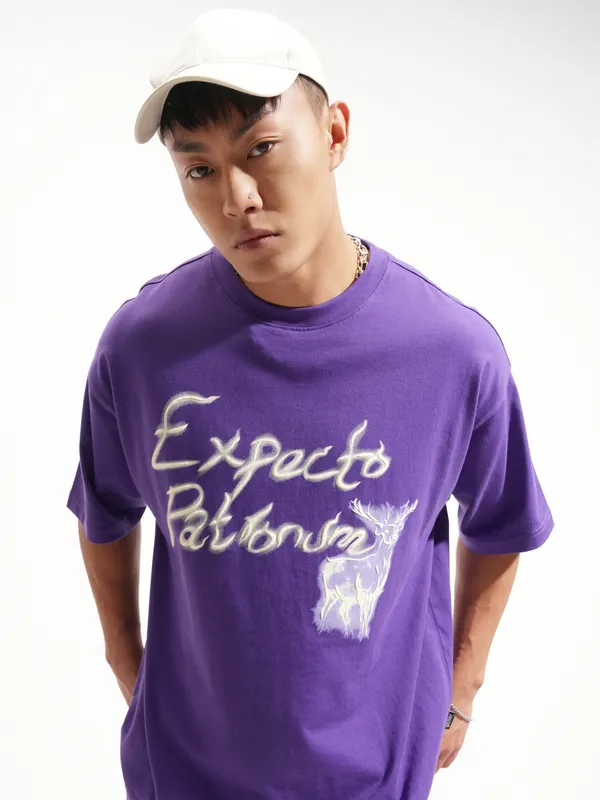 WB By Highlander Men Purple Harry Potter Printed Round Neck Oversized Fit T-Shirt