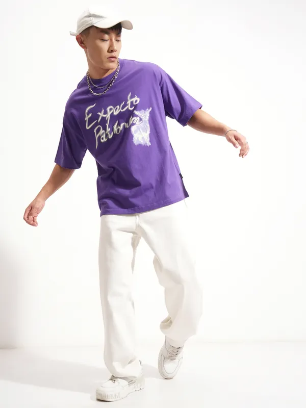 WB By Highlander Men Purple Harry Potter Printed Round Neck Oversized Fit T-Shirt