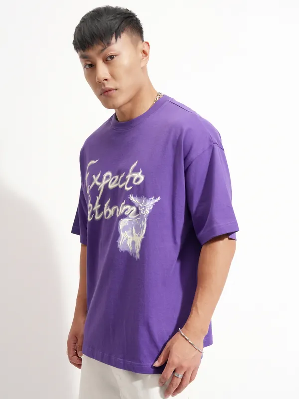 WB By Highlander Men Purple Harry Potter Printed Round Neck Oversized Fit T-Shirt