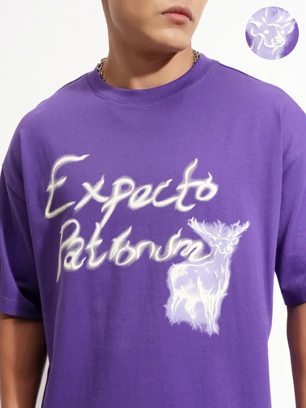 WB By Highlander Men Purple Harry Potter Printed Round Neck Oversized Fit T-Shirt