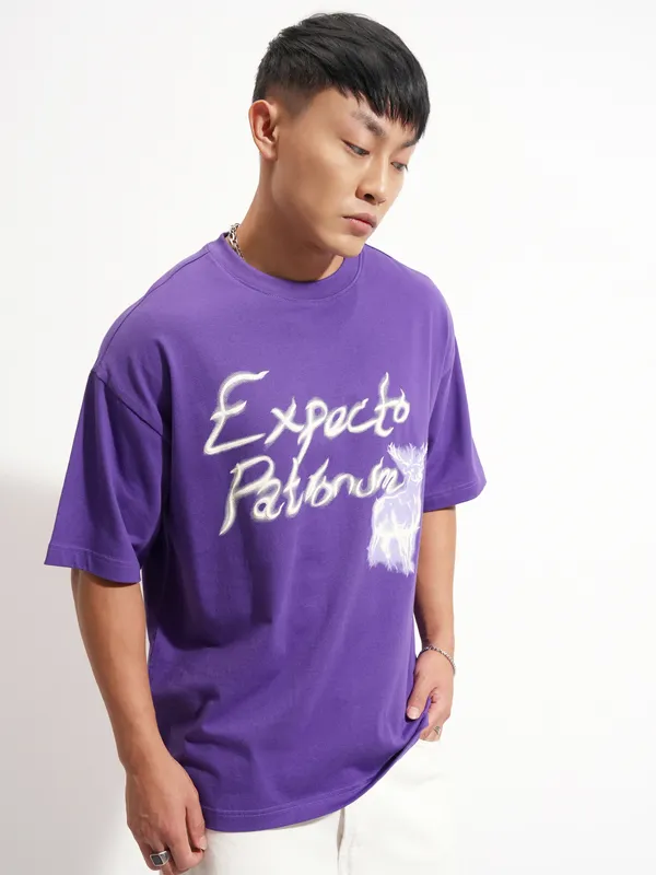 WB By Highlander Men Purple Harry Potter Printed Round Neck Oversized Fit T-Shirt