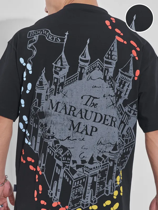 WB By Highlander Men Black Harry Potter Printed Round Neck Oversized Fit T-Shirt