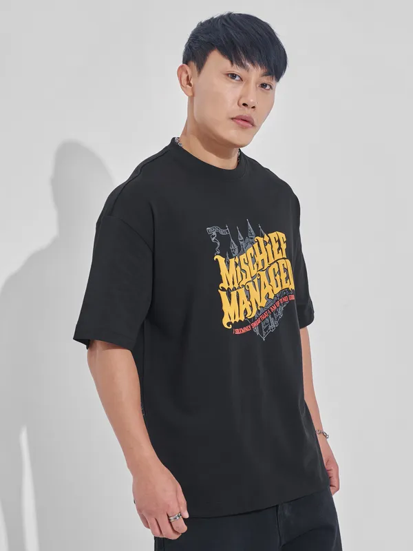 WB By Highlander Men Black Harry Potter Printed Round Neck Oversized Fit T-Shirt