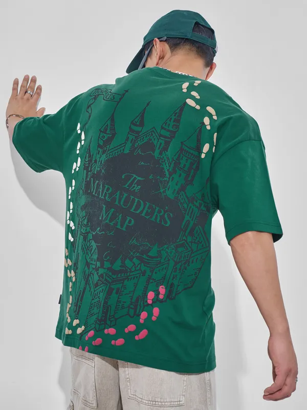 WB By Highlander Men Green Harry Potter Printed Round Neck Oversized Fit T-Shirt