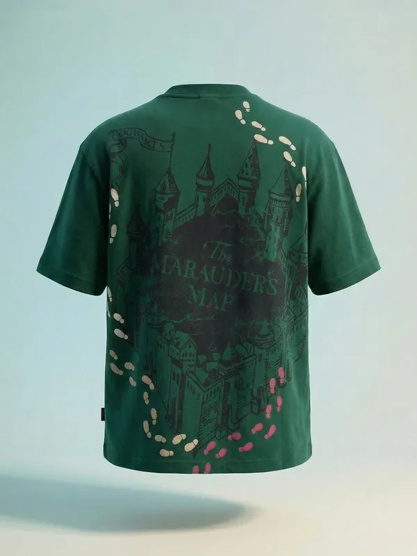 WB By Highlander Men Green Harry Potter Printed Round Neck Oversized Fit T-Shirt