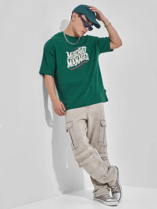 WB By Highlander Men Green Harry Potter Printed Round Neck Oversized Fit T-Shirt