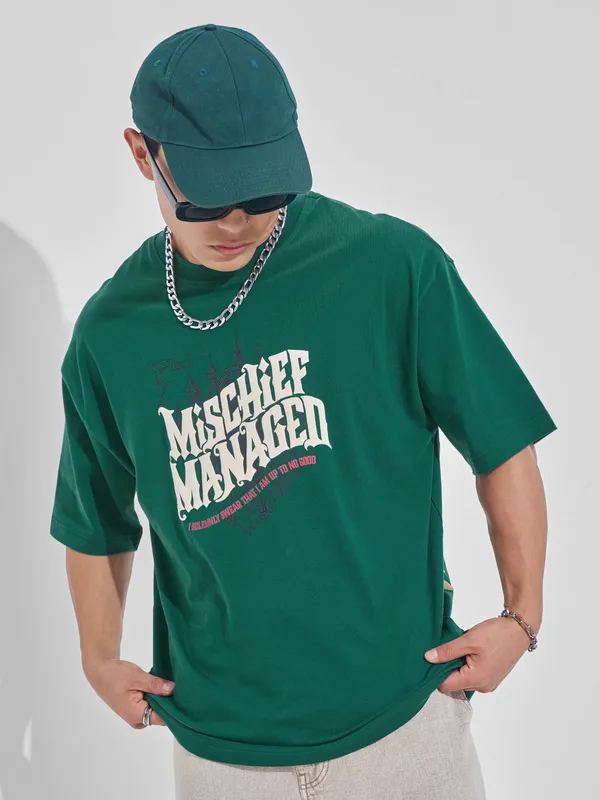 WB By Highlander Men Green Harry Potter Printed Round Neck Oversized Fit T-Shirt