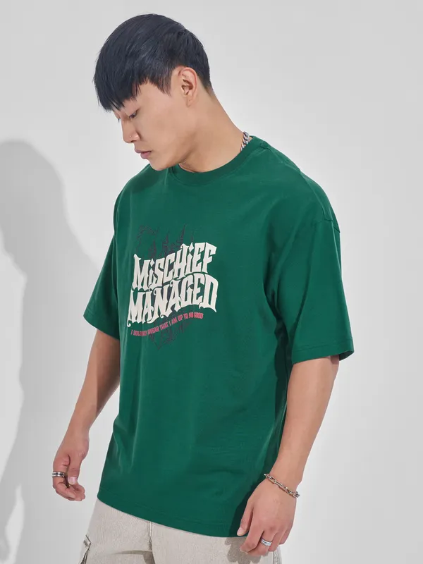 WB By Highlander Men Green Harry Potter Printed Round Neck Oversized Fit T-Shirt