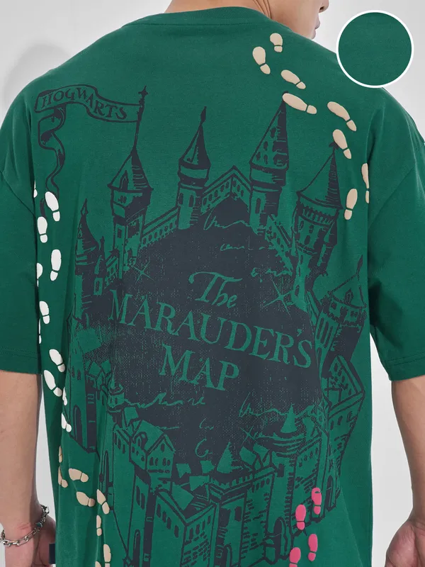 WB By Highlander Men Green Harry Potter Printed Round Neck Oversized Fit T-Shirt