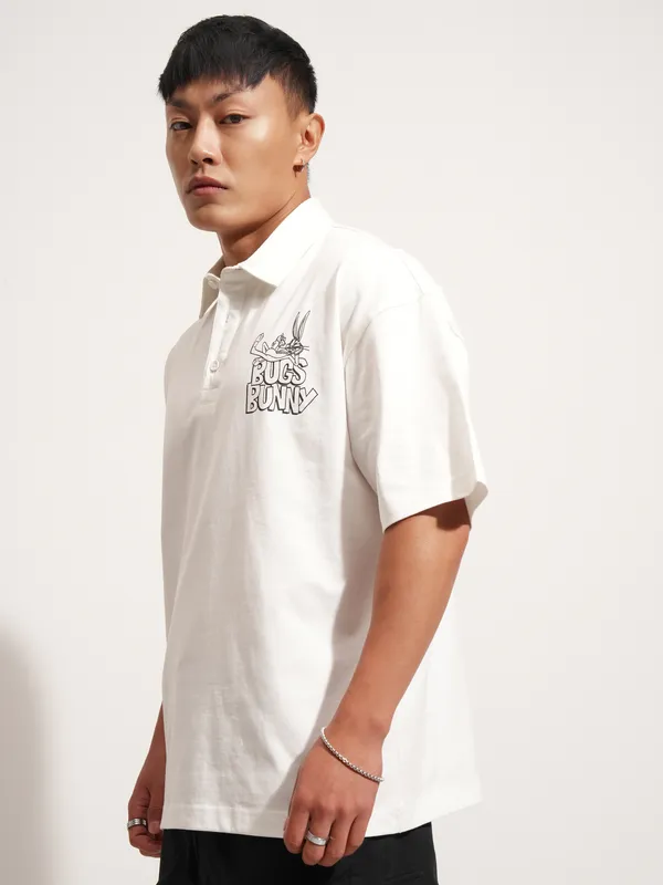 WB By Highlander Men White Looney Tunes Printed Polo Collar T-Shirt