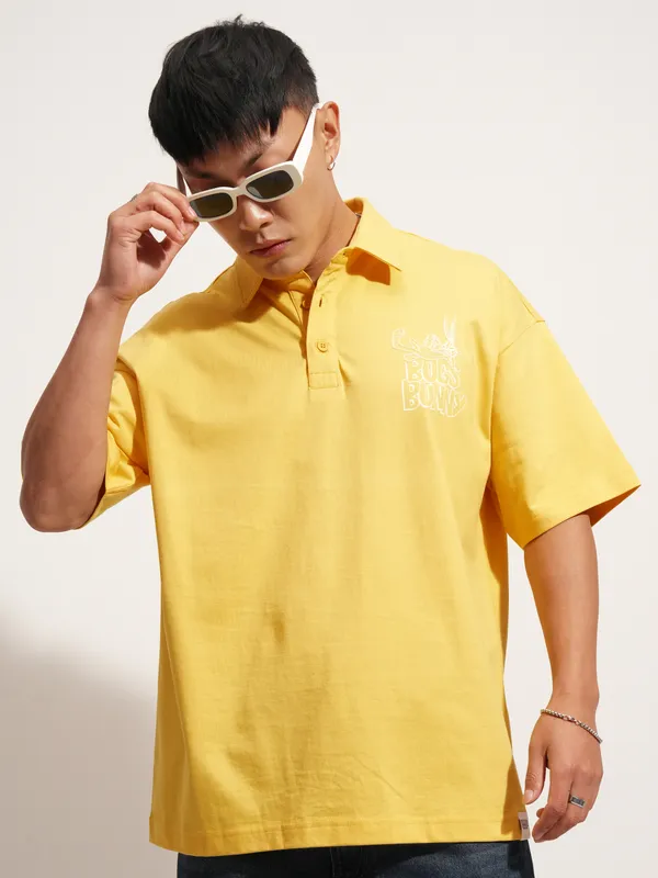 WB By Highlander Men Yellow Looney Tunes Printed Polo Collar T-Shirt