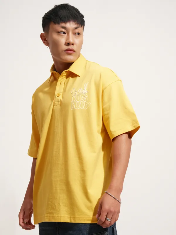 WB By Highlander Men Yellow Looney Tunes Printed Polo Collar T-Shirt