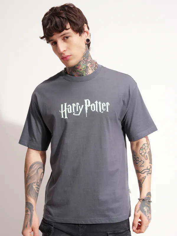 WB By Highlander Men Grey Harry Potter Printed Round Neck T-Shirt