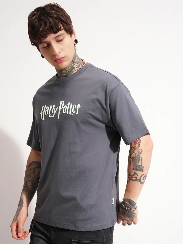 WB By Highlander Men Grey Harry Potter Printed Round Neck T-Shirt