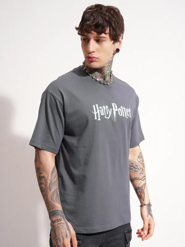 WB By Highlander Men Grey Harry Potter Printed Round Neck T-Shirt