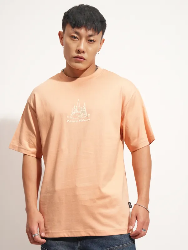 WB By Highlander Men Peach Harry Potter Printed Round Neck T-Shirt