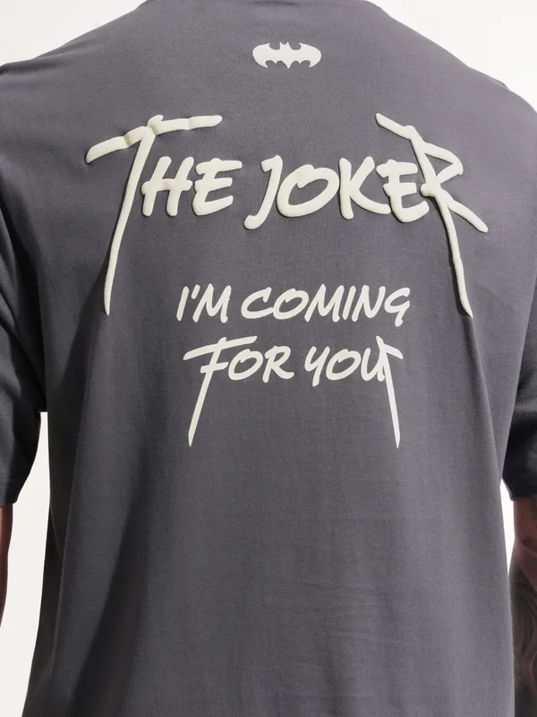 DC By Highlander Men Grey Batman Printed Round Neck Oversized Fit T-Shirt