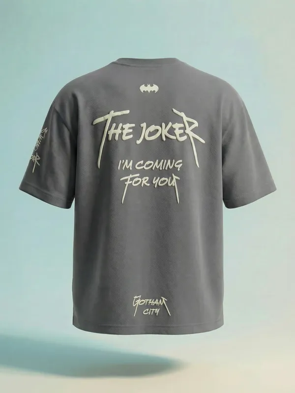 DC By Highlander Men Grey Batman Printed Round Neck Oversized Fit T-Shirt