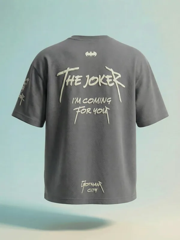 DC By Highlander Men Grey Batman Printed Round Neck Oversized Fit T-Shirt