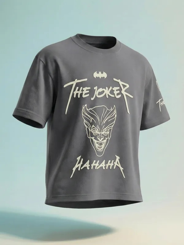 DC By Highlander Men Grey Batman Printed Round Neck Oversized Fit T-Shirt