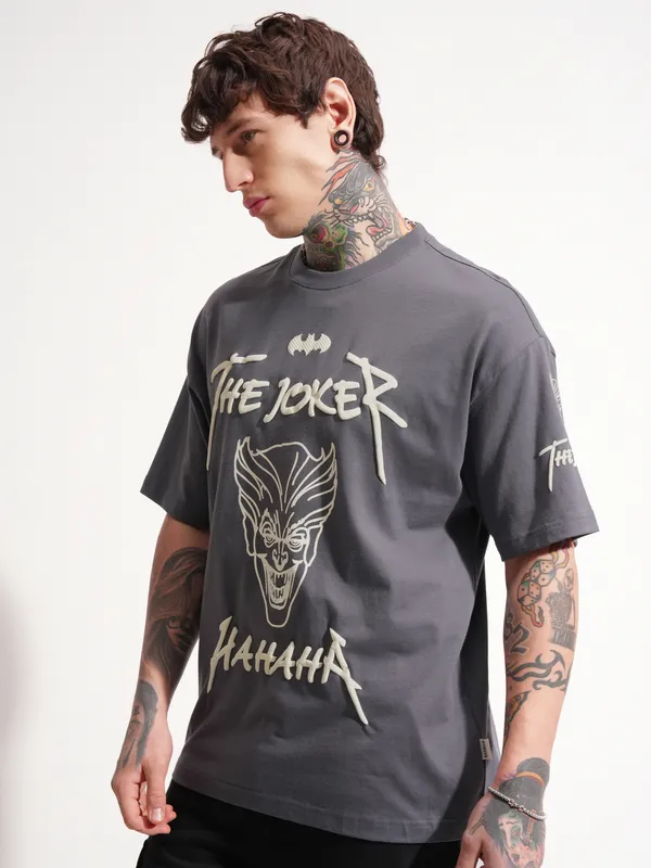 DC By Highlander Men Grey Batman Printed Round Neck Oversized Fit T-Shirt