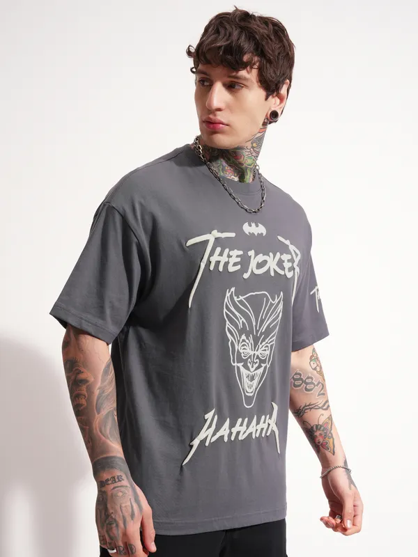 DC By Highlander Men Grey Batman Printed Round Neck Oversized Fit T-Shirt