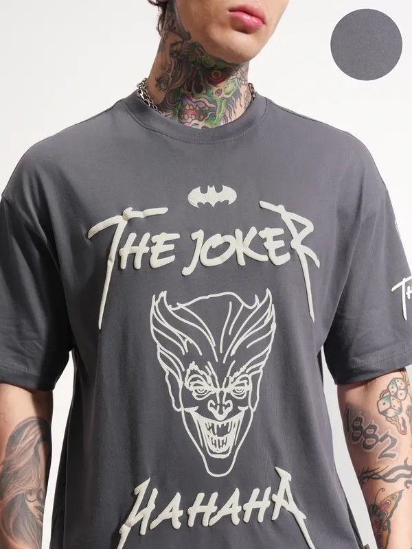 DC By Highlander Men Grey Batman Printed Round Neck Oversized Fit T-Shirt