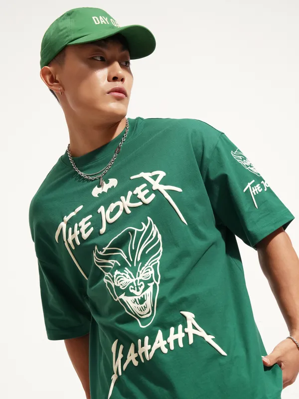 DC By Highlander Men Green Joker Printed Round Neck Oversized Fit T-Shirt