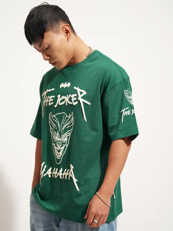 DC By Highlander Men Green Joker Printed Round Neck Oversized Fit T-Shirt