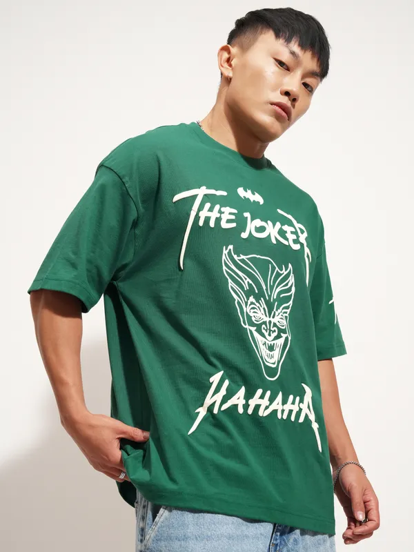 DC By Highlander Men Green Joker Printed Round Neck Oversized Fit T-Shirt