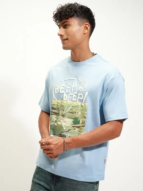 WB By Highlander Men Blue Looney Tunes Printed Round Neck T-Shirt