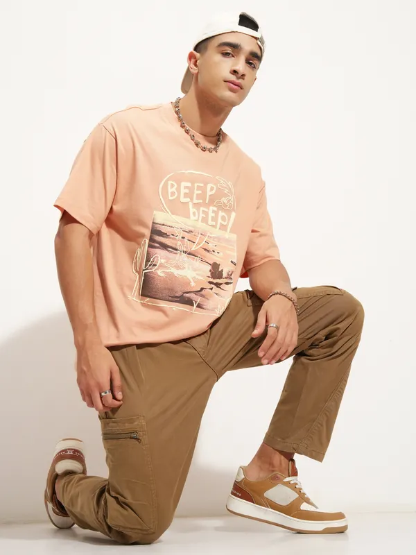 WB By Highlander Men Peach Looney Tunes Printed Round Neck T-Shirt