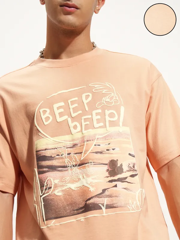 WB By Highlander Men Peach Looney Tunes Printed Round Neck T-Shirt