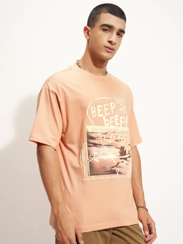 WB By Highlander Men Peach Looney Tunes Printed Round Neck T-Shirt